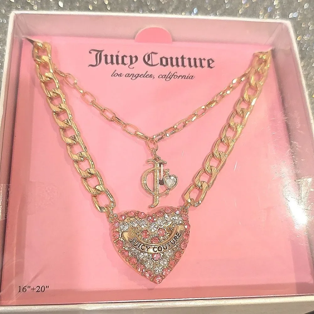 Juicy Couture Double Rhinestone Heart‎ & JC Charm Necklace